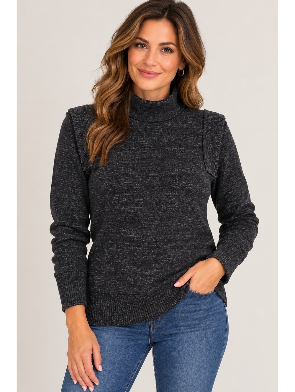 Women’s Medium Black Marled Turtleneck Sweater Shoulder Detail Cozy Holiday